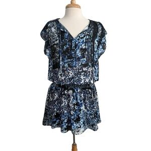 Parker Blue Black Floral Pattern Mini Dress Size Small